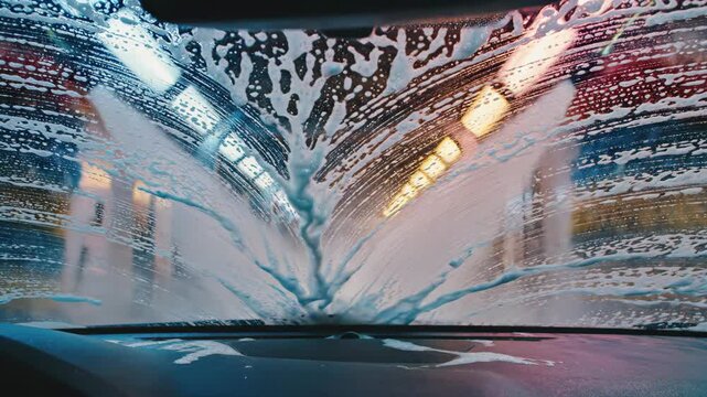 Automatic Car Wash Soap Suds Sliding on Windshield View From Inside
