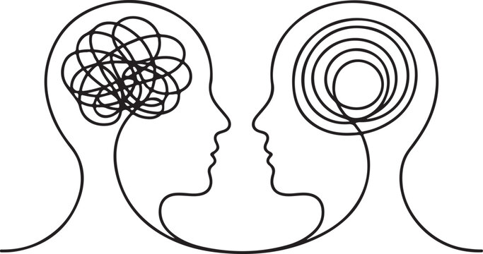Continuous one-line drawing illustrating psychological communication, conflict resolution, or therapy concepts