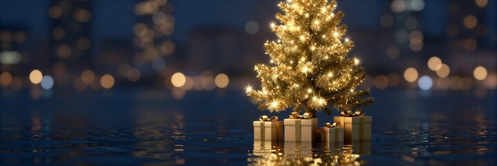 Festive star tree reflected in water