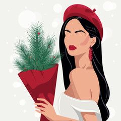 Chic faceless fashion woman in red beret holding a winter pine bouquet, elegant minimalist vector portrait for holiday greeting cards, social media promos, posters and branding, with soft bokeh snow.