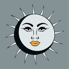 Stylized sun face with eyelashes and spiky rays on gray background.
