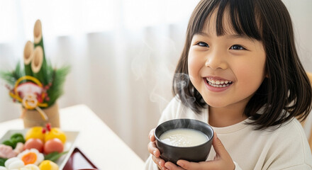 始めての甘酒に挑戦する笑顔の女の子、伝統の日本の食文化とコピースペース
