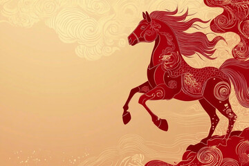 Lunar New Year banner, red horse on a light red and golden background, Chinese style.