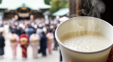 初詣で飲む甘酒、紙コップとあまざけが象徴するお正月の定番とコピースペース