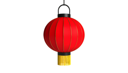 A vibrant, round red paper lantern with gold trim, a black top, and a yellow tassel