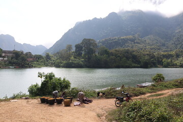 Beautiful mountian, river and view in Nong Khiew, Ou River, Ngoi District, Luang Prabang, Laos
