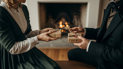 Obraz premium Gift Exchange of affection: Two individuals, adorned in classic attire, share the mutual act of exchanging beautifully wrapped gifts in front of a warm fireplace.