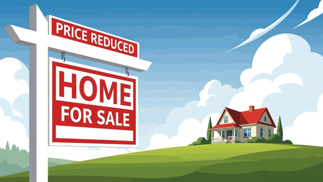 A cartoon house with a red roof and a price reduced sign in a green field under a blue sky