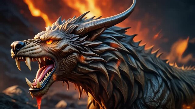 Close-up of Fierce Horned Wolf Beast with Glowing Eyes and Open Mouth