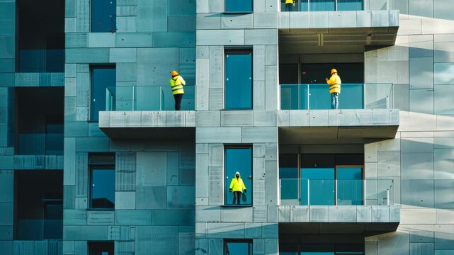 selective focus workers assembling modular building units modern housing moment