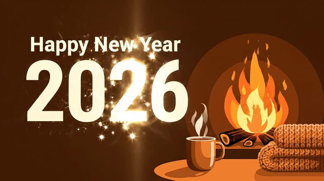Happy new year 2026 greeting vector illustration cozy fireplace warmth