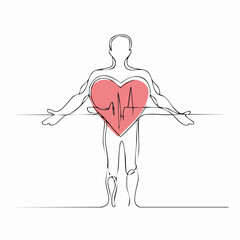 Continuous Line Drawing of Human Figure with Heartbeat EKG Symbol in Chest Area person body