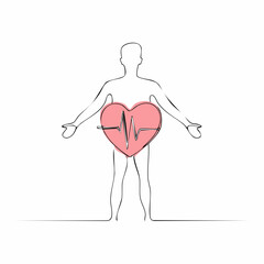 Single Line Art of Human Silhouette with Pink Heart and Heartbeat EKG Graphic figure person