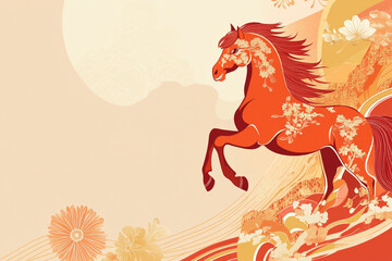 Lunar New Year banner, red horse on a light red and golden background, Chinese style.