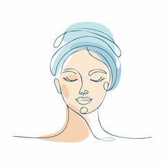 Minimalist Line Art of a Woman's Face with Blue Head Wrap and Soft Peach Tones portrait continuous line