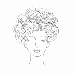 Minimalist line art drawing of a woman's face with elaborate curly hair and closed eyes on a white background
