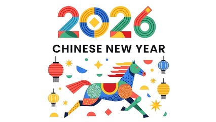 Vibrant illustration celebrating Lunar New Year 2026. Features a stylized horse, festive lanterns, and abstract patterns, embodying joyous cultural celebration