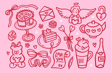 Freehand drawing Valentines Day collection of romantic elements. Red and pink coquette vintage vector illustration of teddy bear, cake, love letter, beverages, bows etc. Design for posters, cards