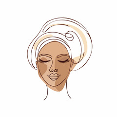 Line art illustration of a woman's face with a headscarf, closed eyes, and skin tone accents, on a white background