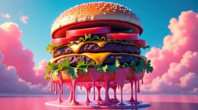 Hamburguesa surrealista derretida suspendida en un cielo de ne&oacute;n vibrante