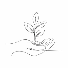 Minimalist Line Art of a Hand Holding a Sprout with Leaves on a White Background plant growth