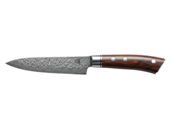 A professional gyuto chef's knife with a damascus steel blade and wood handle on a transparent background with copy space. Concept of culinary excellence.