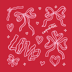 Coquette bow ribbon pink accessories set. Contour doodle vector illustration of Bows with heart-shaped loops and word LOVE