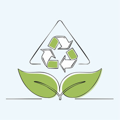 Green recycling symbol inside a triangle above two green leaves on a light blue background recycle sign