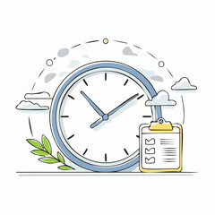 Illustration of a Clock with a Clipboard and Checklist, Surrounded by Abstract Elements and Clouds time
