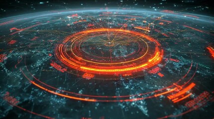 Global satellite surveillance network with multiple orbital paths and target lock points over world map (AI Generated)