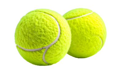 Two bright yellow fuzzy tennis balls, isolated, showing seams and texture against black