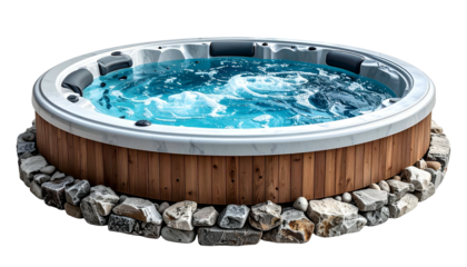 A circular hot tub with bubbling water, set on a stone base and wooden surround