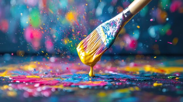 A colorful glob of paint dripping slowly from a brush onto a canvas in the middle of an abstract artwork