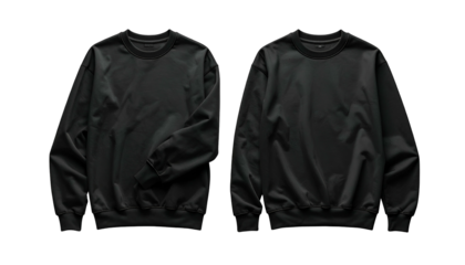 Two flat-lay images, front & back, of a black sweatshirt on a black background