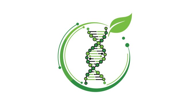 Biotechnology or genetic research logo featuring a green DNA double helix structure enclosed in a circle with a single leaf.