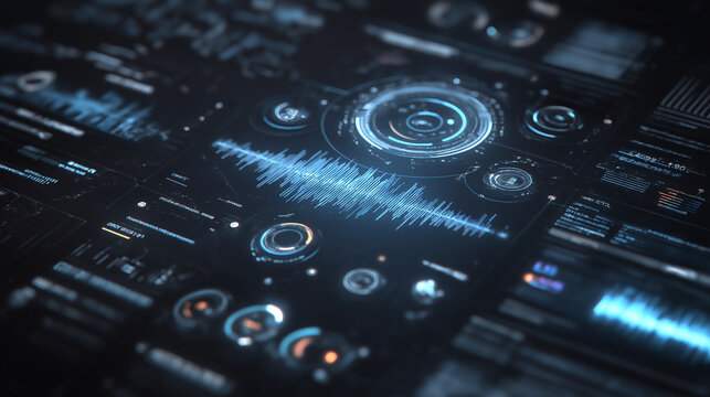 Futuristic artificial intelligence virtual assistant interface with holographic UI elements, glowing icons, voice waveform visualization, dark modern background, ultra-detailed, cinematic tech style - Powered by Adobe