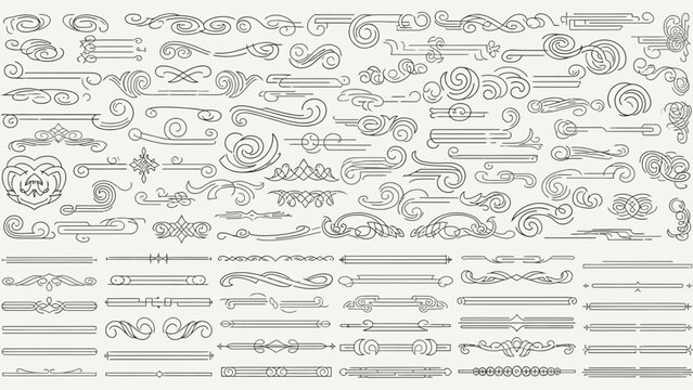 An extensive assortment of intricately drawn decorative scroll borders and elegant dividers featuring swirling patterns and classic embellishments for artistic design applications.