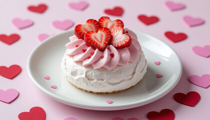 Mini pavlovas with pink whipped cream and heart-shaped strawberries on a pink background.