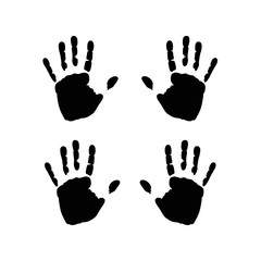 Fototapeta premium A stark visual of four black human handprints, each finger prominently displaying exclamation marks, presented on a clean white background, conveying urgency and a strong message.