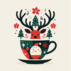 Christmas greeting card with cup of coffee and reindeer. Vector illustration.