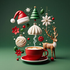 Christmas and New Year background with red cup of coffee and christmas decorations