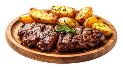 Grilled steak with roasted potatoes and rosemary on a wooden platter