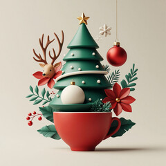 Christmas tree and cup of coffee, 3d render, square composition