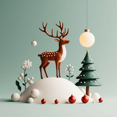 Christmas and New Year 3D illustration. Decorated Christmas tree, deer and balls.