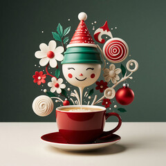 Cup of coffee with christmas decoration on the dark green background