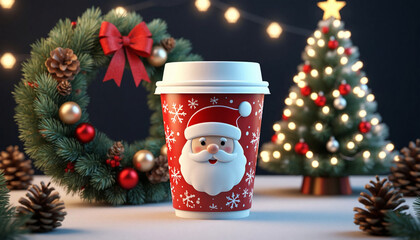 3d render of christmas cup of coffee with christmas tree on background
