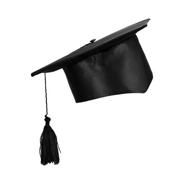 A black graduation mortarboard hat with a tassel and a rolled diploma isolated on a white background symbolizing a college student's academic success and university degree achievement ceremony