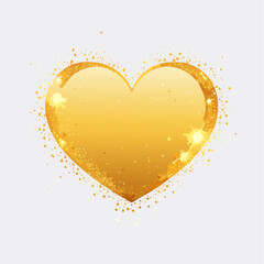 Pink heart shape with a gold outline and scattered gold glitter particles on a white background love