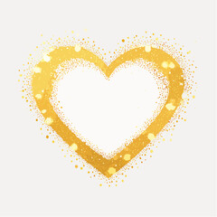 Pink heart shape with a gold outline and scattered gold glitter particles on a white background love