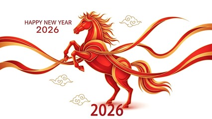 Dynamic red horse illustration for a festive 2026 New Year celebration, embodying energy and good fortune with elegant ribbon accents
